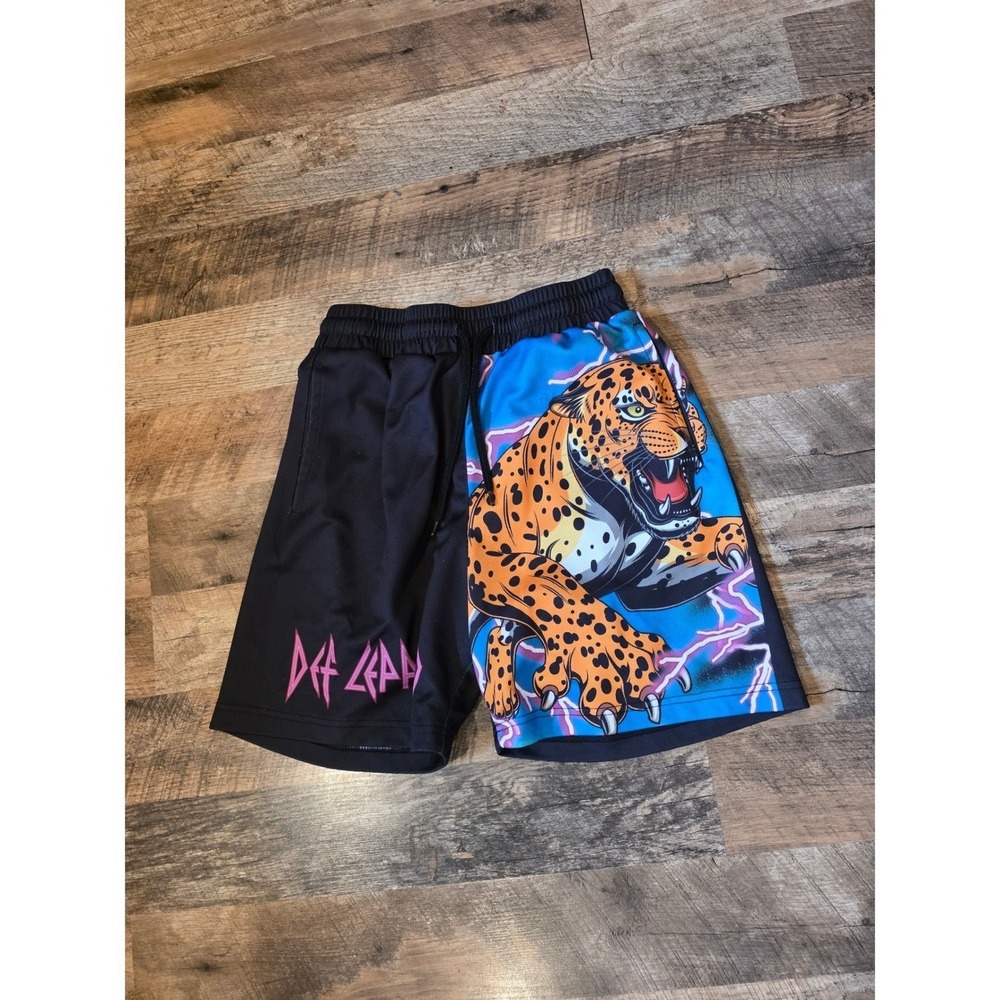 Vintage Def Leppard Graphic Mesh Shorts Mens Small Black Blue Leopard Rock Band